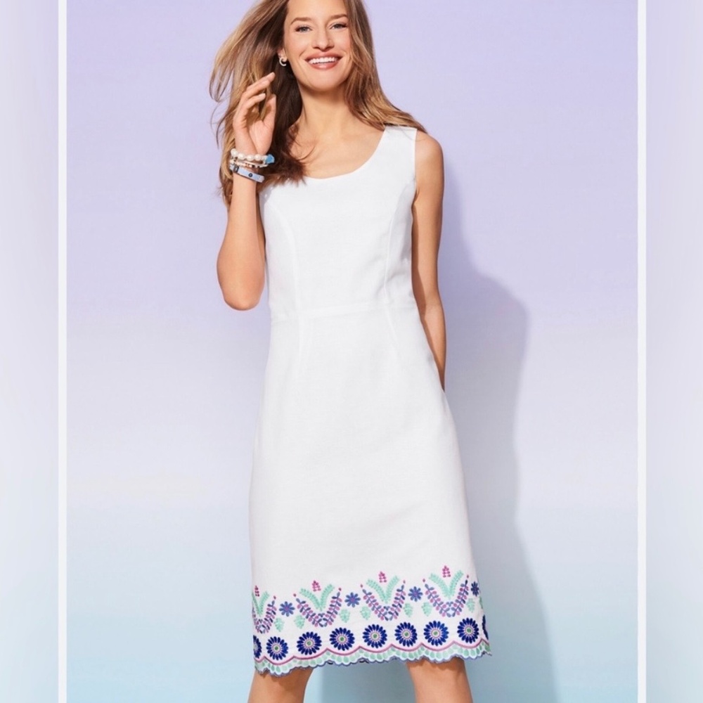 TALBOTS‎ FLORAL EMBROIDERY WHITE LINEN/COTTON SHIFT DRESS SiZE 10